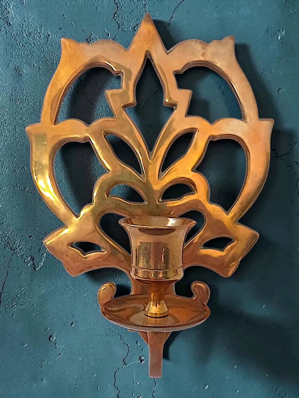 Solid‎ Brass Wall Sconce Single Candle Holder Lotus Flower Open Work Old World